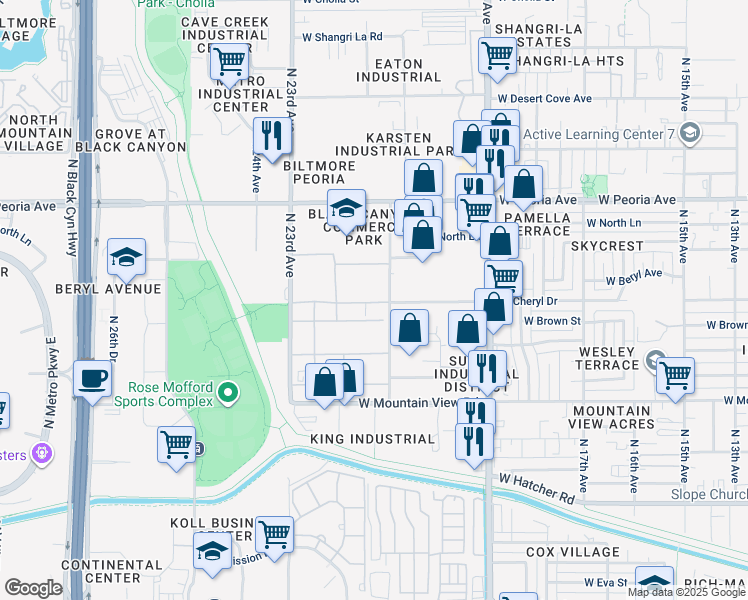 map of restaurants, bars, coffee shops, grocery stores, and more near 2124 West Cheryl Drive in Phoenix