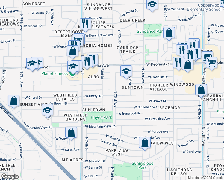 map of restaurants, bars, coffee shops, grocery stores, and more near 7317 West Comet Avenue in Peoria