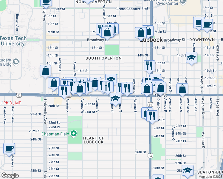 map of restaurants, bars, coffee shops, grocery stores, and more near 2004 19th Street in Lubbock