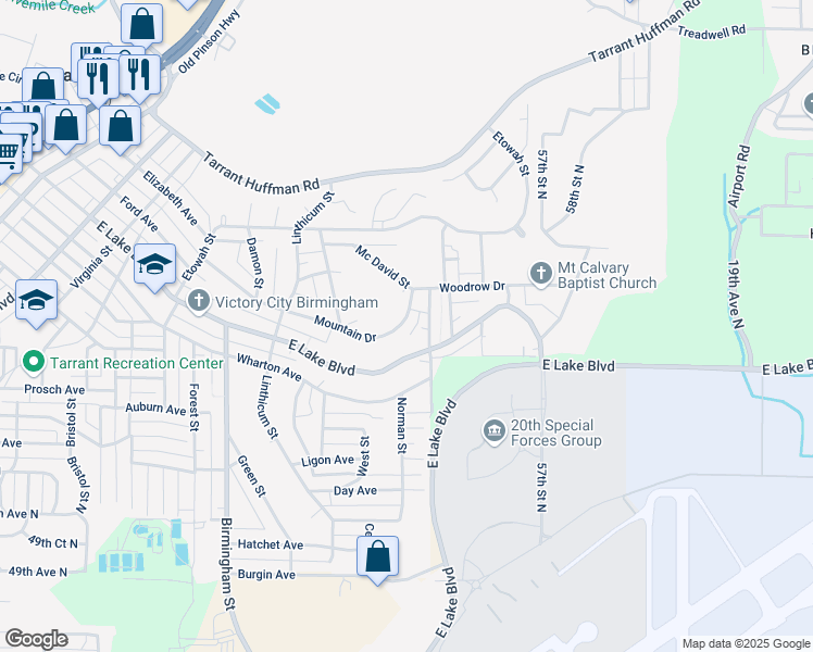 map of restaurants, bars, coffee shops, grocery stores, and more near 1943 Mountain Drive in Birmingham
