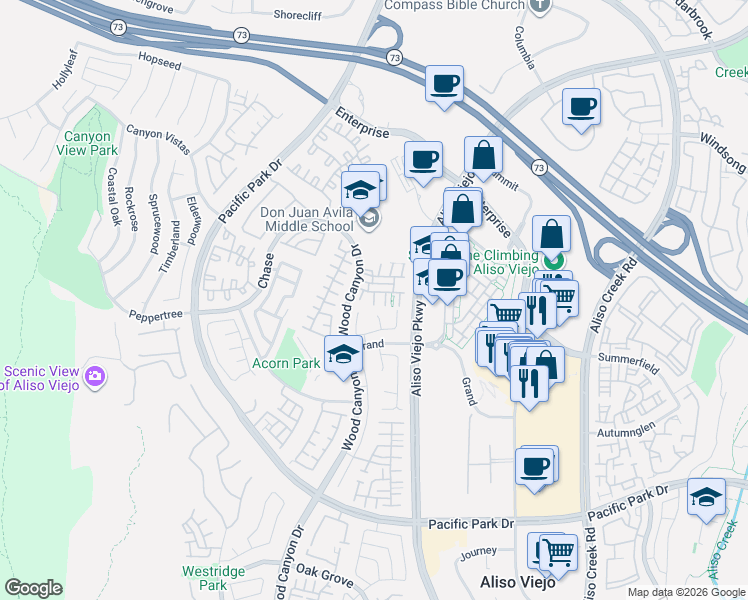 map of restaurants, bars, coffee shops, grocery stores, and more near 4 Harvest Point Lane in Aliso Viejo
