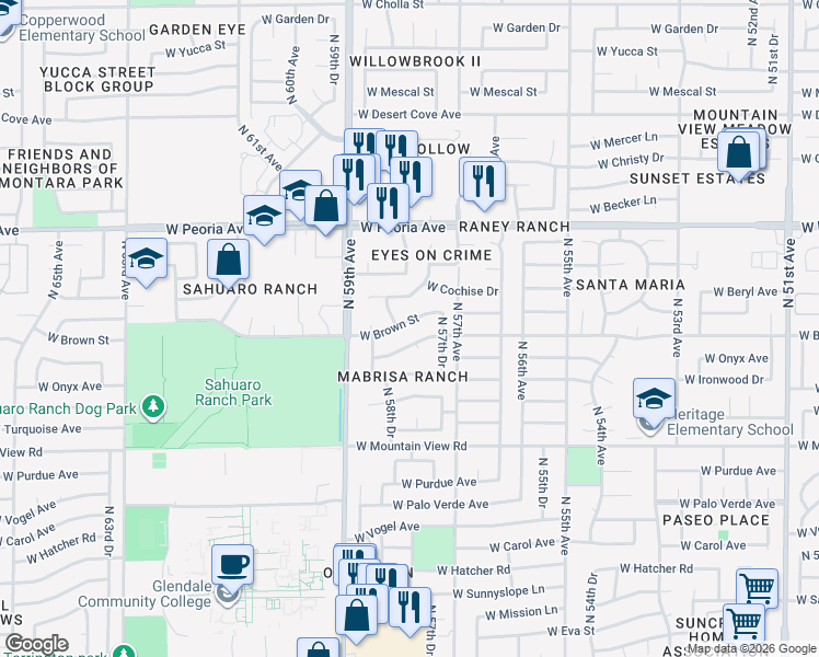 map of restaurants, bars, coffee shops, grocery stores, and more near 5750 West Brown Street in Glendale