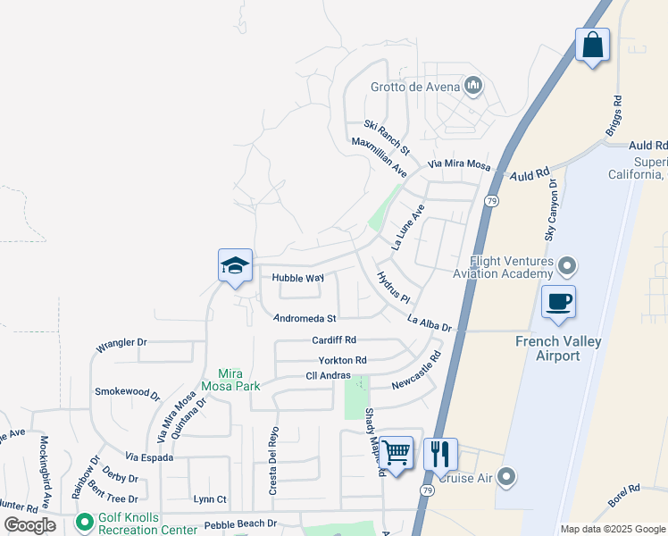 map of restaurants, bars, coffee shops, grocery stores, and more near 29628 Hubble Way in Murrieta