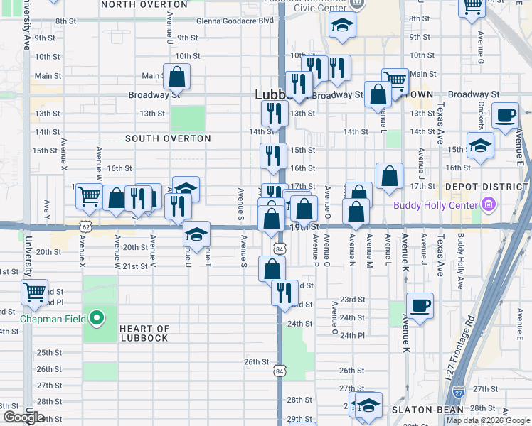 map of restaurants, bars, coffee shops, grocery stores, and more near 1708 18th Street in Lubbock