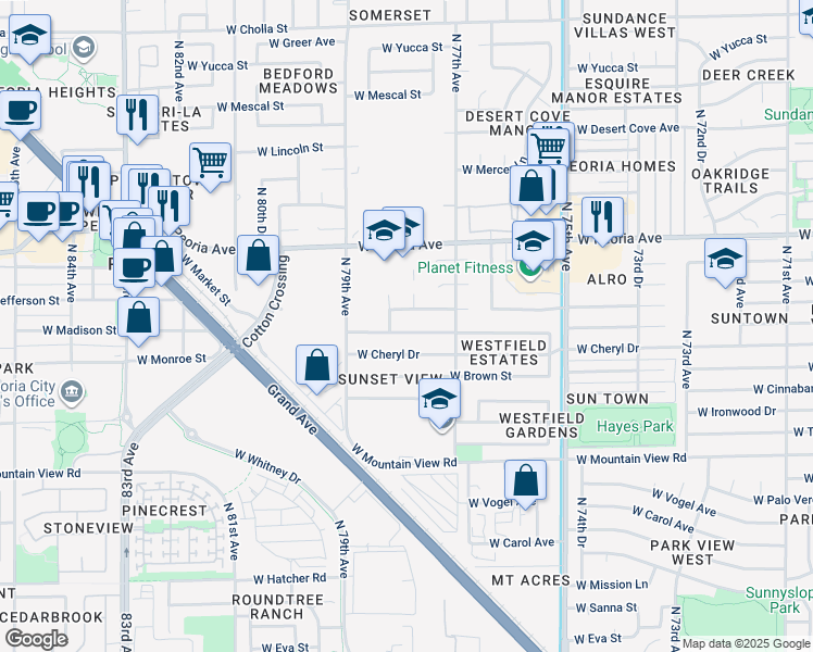 map of restaurants, bars, coffee shops, grocery stores, and more near 7825 West Comet Avenue in Peoria