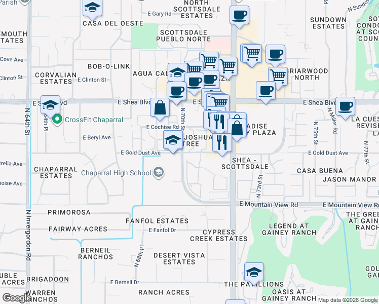 map of restaurants, bars, coffee shops, grocery stores, and more near 10301 North 70th Street in Paradise Valley