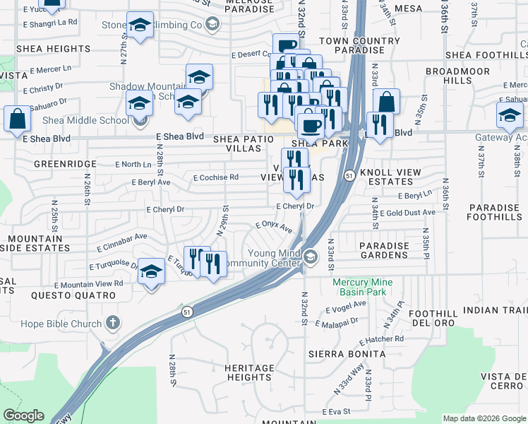 map of restaurants, bars, coffee shops, grocery stores, and more near 3048 East Cheryl Drive in Phoenix