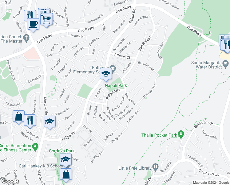 map of restaurants, bars, coffee shops, grocery stores, and more near 26441 Mikanos Drive in Mission Viejo