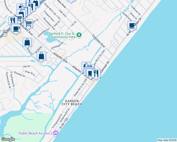 map of restaurants, bars, coffee shops, grocery stores, and more near 217 Dogwood Drive North in Murrells Inlet