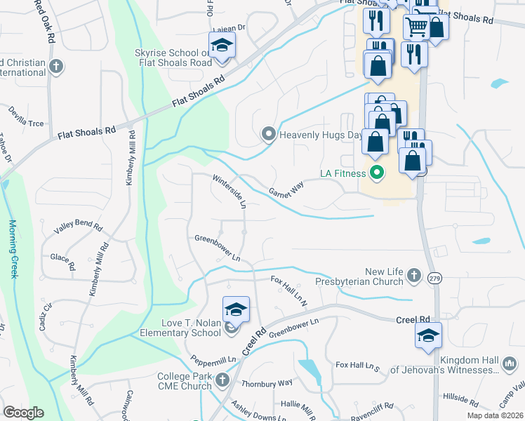 map of restaurants, bars, coffee shops, grocery stores, and more near 3020 Garnet Way in College Park