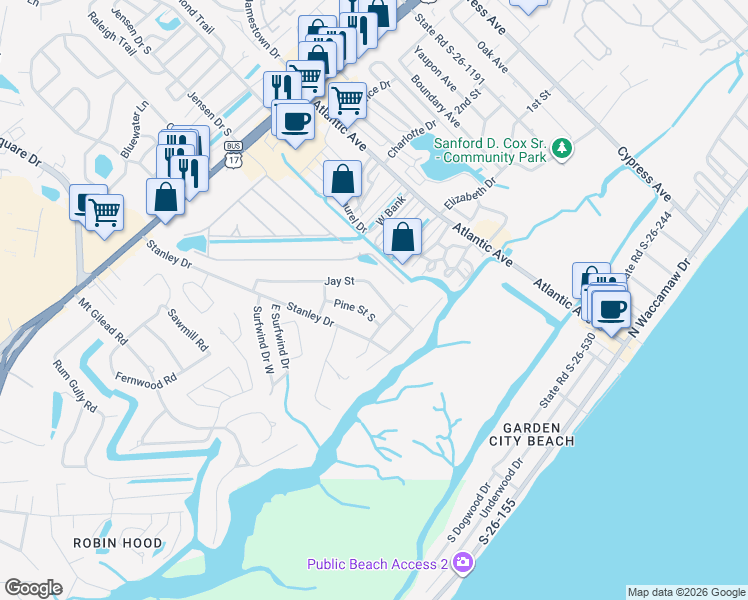 map of restaurants, bars, coffee shops, grocery stores, and more near 321 Jay Street in Murrells Inlet