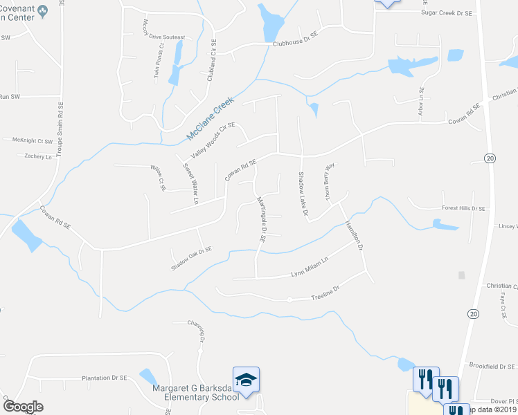 map of restaurants, bars, coffee shops, grocery stores, and more near 3811 Martingale Drive Southeast in Conyers