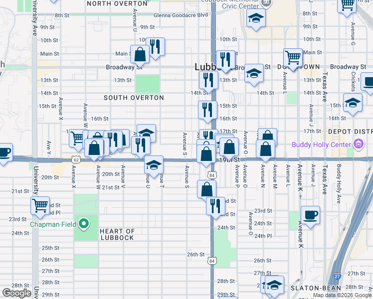 map of restaurants, bars, coffee shops, grocery stores, and more near 1805 Avenue S in Lubbock