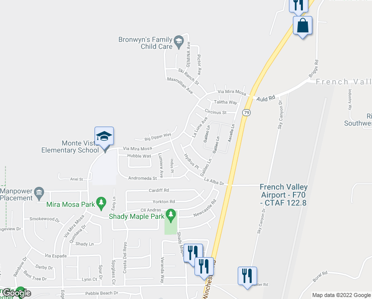map of restaurants, bars, coffee shops, grocery stores, and more near 37312 Hydrus Place in Murrieta