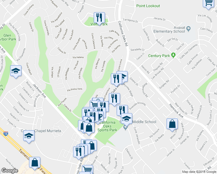 map of restaurants, bars, coffee shops, grocery stores, and more near 40325 Vía Francisco in Murrieta