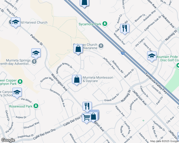 map of restaurants, bars, coffee shops, grocery stores, and more near 23384 Camellia Lane in Murrieta