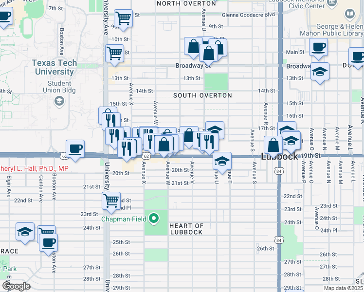 map of restaurants, bars, coffee shops, grocery stores, and more near in Lubbock