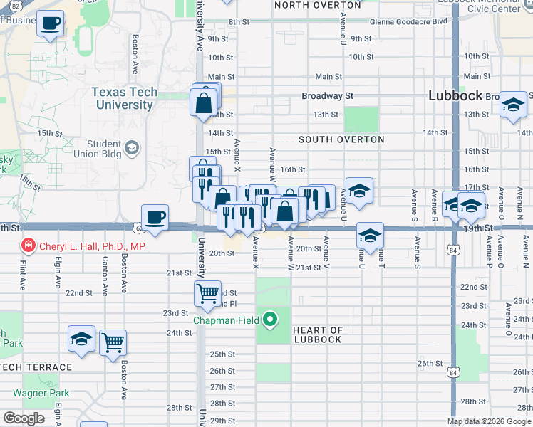 map of restaurants, bars, coffee shops, grocery stores, and more near 2310 18th Street in Lubbock