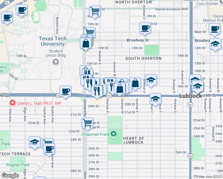 map of restaurants, bars, coffee shops, grocery stores, and more near 2310 18th Street in Lubbock