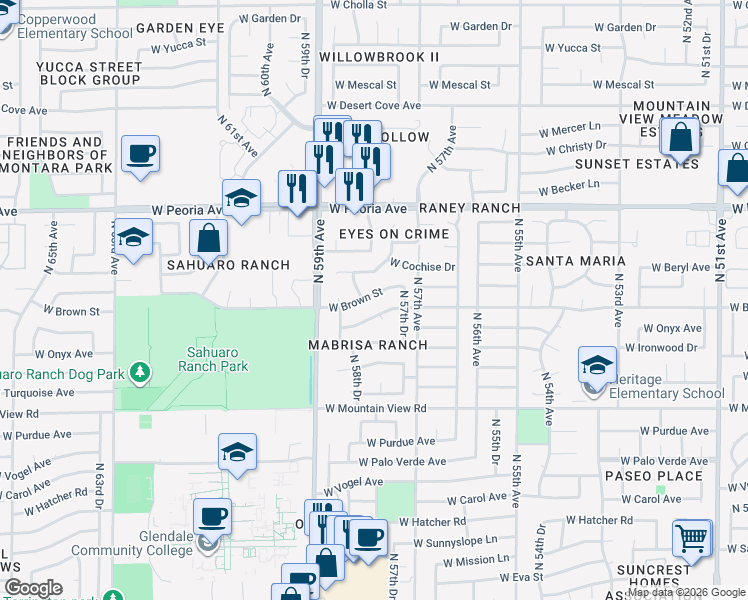 map of restaurants, bars, coffee shops, grocery stores, and more near 5750 West Brown Street in Glendale