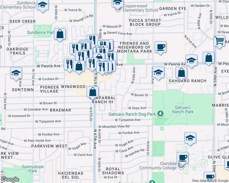 map of restaurants, bars, coffee shops, grocery stores, and more near 10224 North 65th Lane in Glendale