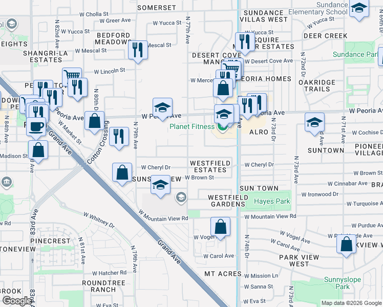 map of restaurants, bars, coffee shops, grocery stores, and more near 7631 West Comet Avenue in Peoria