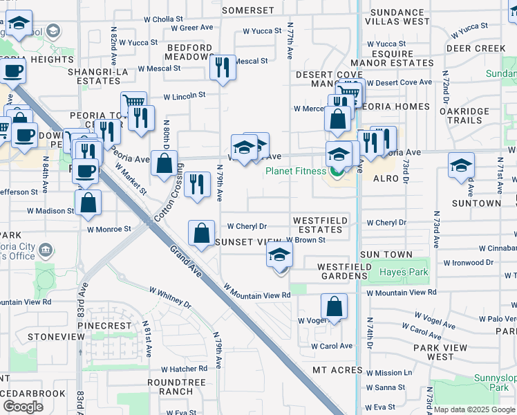 map of restaurants, bars, coffee shops, grocery stores, and more near 7825 West Comet Avenue in Peoria