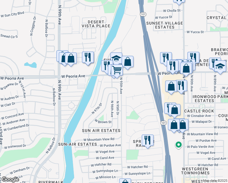 map of restaurants, bars, coffee shops, grocery stores, and more near 10409 North 95th Drive in Peoria