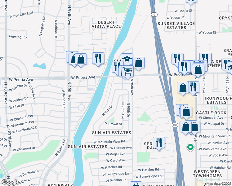 map of restaurants, bars, coffee shops, grocery stores, and more near 10410 North 97th Drive in Peoria