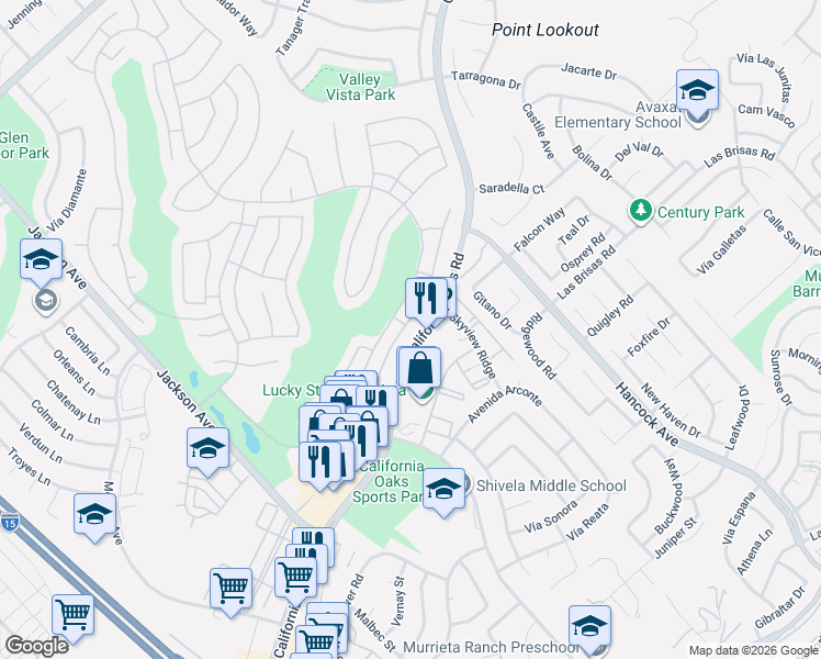 map of restaurants, bars, coffee shops, grocery stores, and more near 40305 Vía Francisco in Murrieta