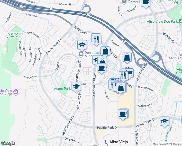 map of restaurants, bars, coffee shops, grocery stores, and more near 8 Open View Lane in Aliso Viejo
