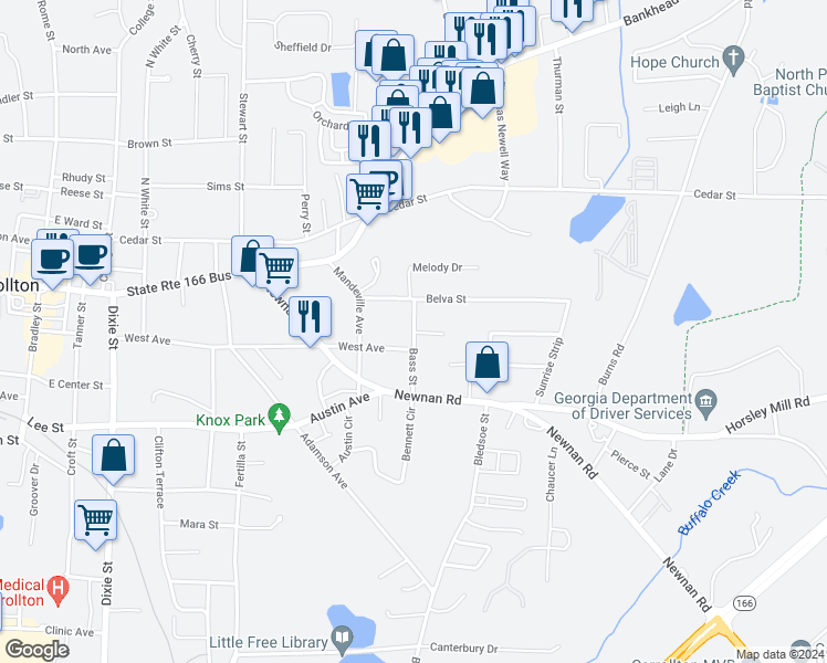 map of restaurants, bars, coffee shops, grocery stores, and more near 212 Bass Street in Carrollton