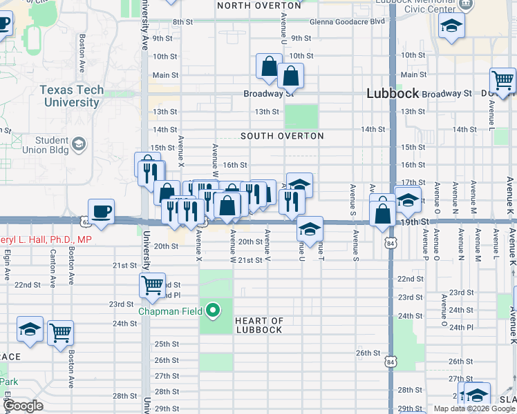 map of restaurants, bars, coffee shops, grocery stores, and more near 2119 18th Street in Lubbock
