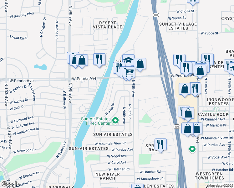 map of restaurants, bars, coffee shops, grocery stores, and more near 10410 North 97th Drive in Peoria