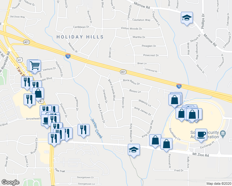 map of restaurants, bars, coffee shops, grocery stores, and more near 6450 Boca Grande Boulevard in Forest Park