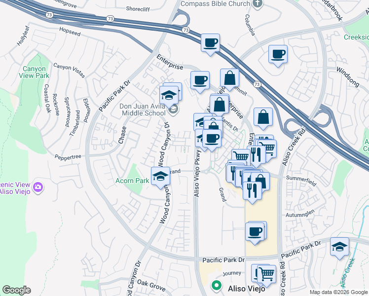 map of restaurants, bars, coffee shops, grocery stores, and more near 2 Burlingame Lane in Aliso Viejo