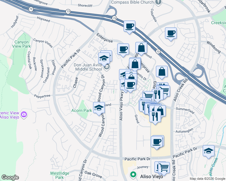 map of restaurants, bars, coffee shops, grocery stores, and more near 7 Burlingame Lane in Aliso Viejo