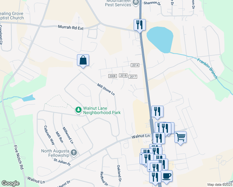 map of restaurants, bars, coffee shops, grocery stores, and more near 166 Mill Stone Lane in North Augusta
