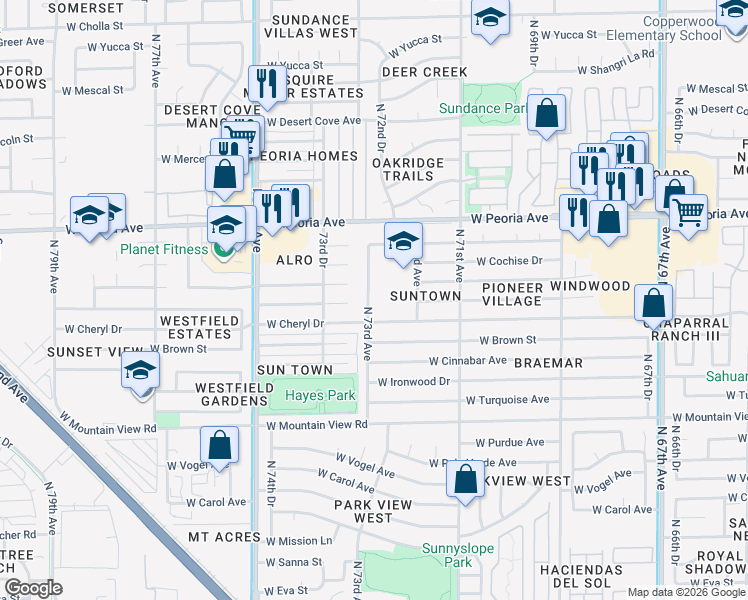 map of restaurants, bars, coffee shops, grocery stores, and more near 7230 West Cheryl Drive in Peoria