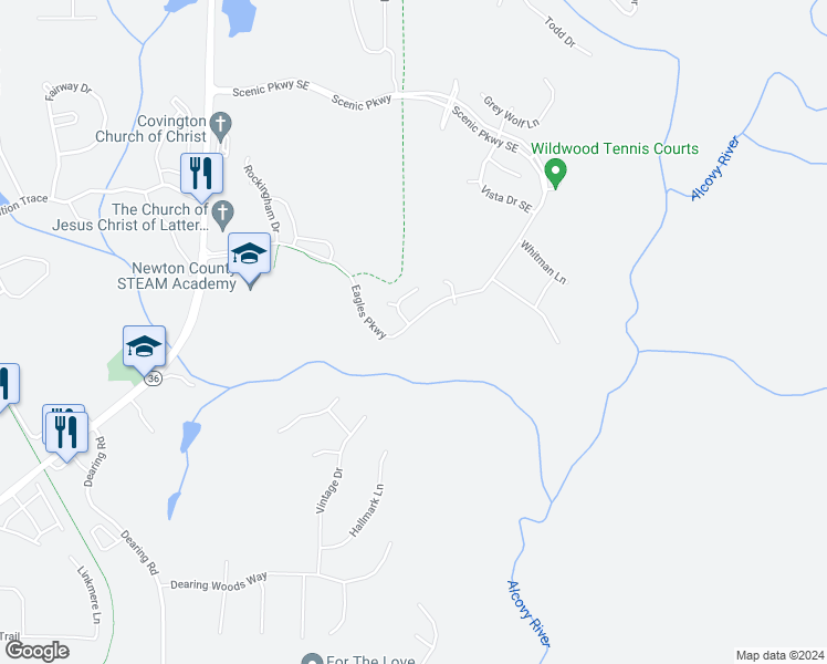 map of restaurants, bars, coffee shops, grocery stores, and more near 280 Eagles Parkway in Covington