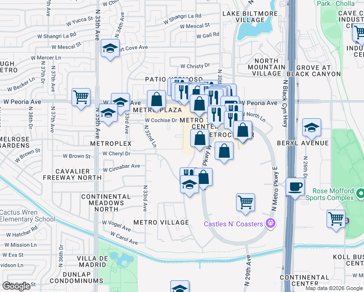 map of restaurants, bars, coffee shops, grocery stores, and more near 3119 West Cochise Drive in Phoenix