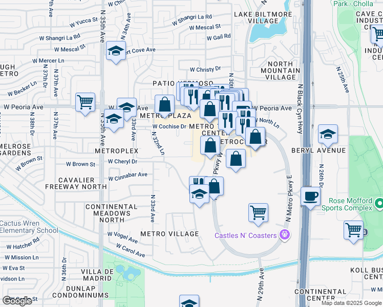 map of restaurants, bars, coffee shops, grocery stores, and more near 3119 West Cochise Drive in Phoenix