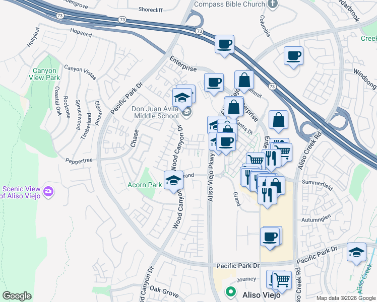 map of restaurants, bars, coffee shops, grocery stores, and more near 5 Harvest Point Lane in Aliso Viejo