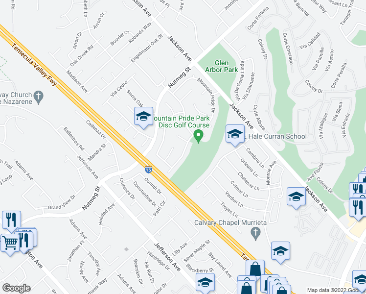 map of restaurants, bars, coffee shops, grocery stores, and more near 41111 Mountain Pride Drive in Murrieta