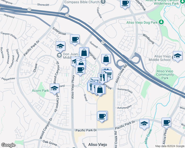 map of restaurants, bars, coffee shops, grocery stores, and more near Meridian Drive in Aliso Viejo