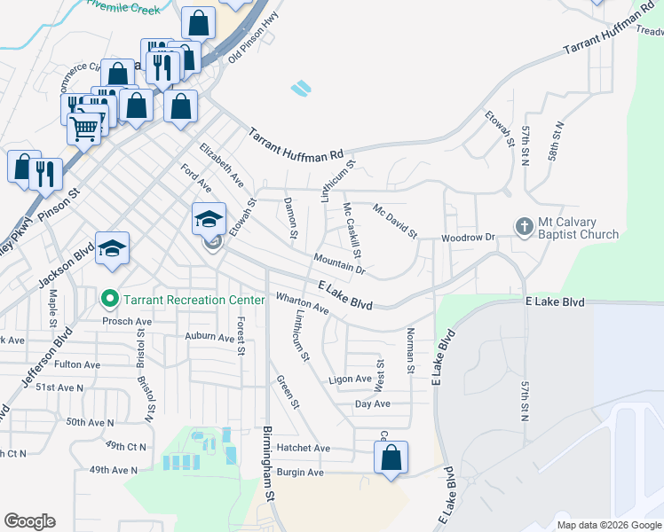 map of restaurants, bars, coffee shops, grocery stores, and more near 1732 Mountain Drive in Birmingham