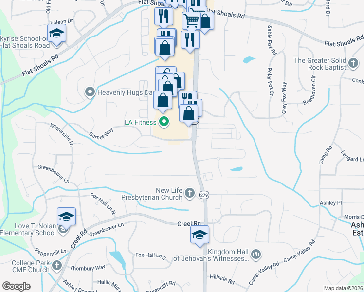 map of restaurants, bars, coffee shops, grocery stores, and more near 2464 Woodward Road in College Park