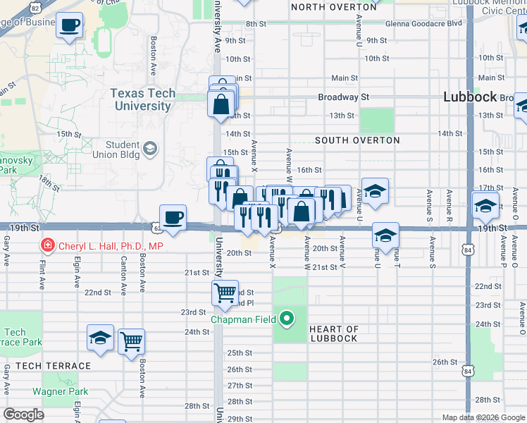 map of restaurants, bars, coffee shops, grocery stores, and more near 2322 18th Street in Lubbock