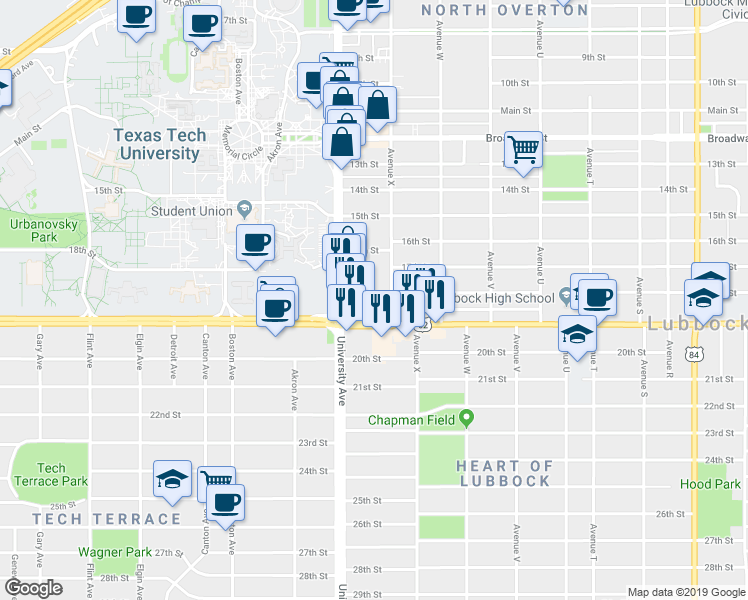 map of restaurants, bars, coffee shops, grocery stores, and more near 1621 Avenue Y in Lubbock
