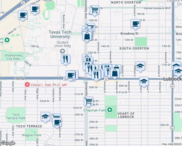 map of restaurants, bars, coffee shops, grocery stores, and more near 1621 Avenue Y in Lubbock